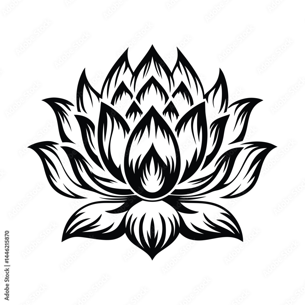 Intricate Lotus Flower Design, Black and White Blossom, Detailed Floral Petals on White Intricate Lotus Flower Design, Black and White Blossom, Detailed Floral Petals on White