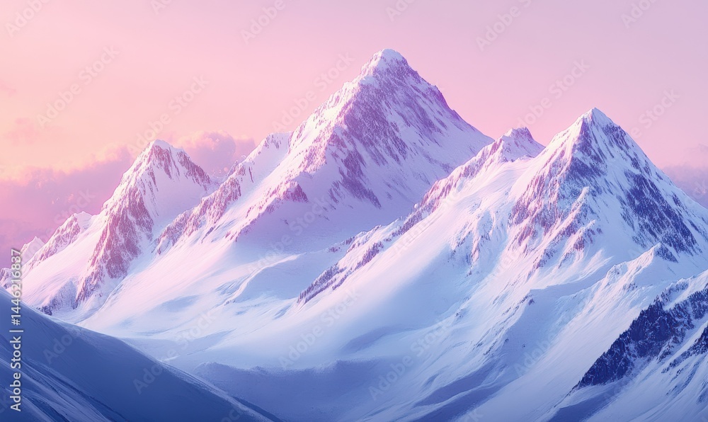 Majestic mountain range covered in snow, soft pink and purple hues of twilight casting a serene glow on the peaks, peaceful winter landscape,