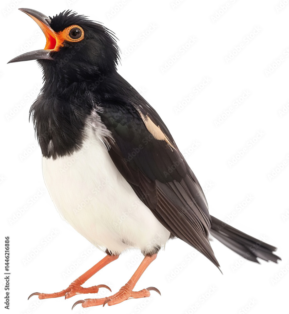 Obraz premium Myna Bird Mimicking Grand Opera in Isolated Setting With Striking Features