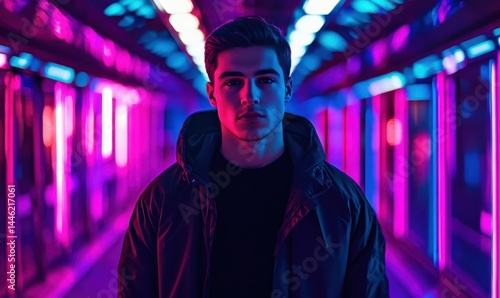 Man standing alone on a futuristic walkway, surrounded by vibrant neon lights in shades of blue and purple.