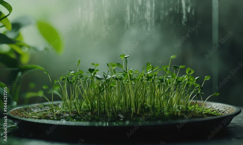 Microgreens growing on a tray, close-up detail of delicate stems and vibrant green leaves, healthy nutrition theme, clean minimalist style