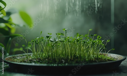 Microgreens growing on a tray, close-up detail of delicate stems and vibrant green leaves, healthy nutrition theme, clean minimalist style