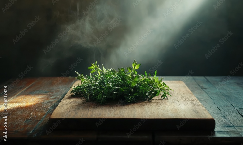 Minimalist arrangement of fresh green herbs on a wooden cutting board, bright natural light enhancing the vibrant tones, clean organic theme,