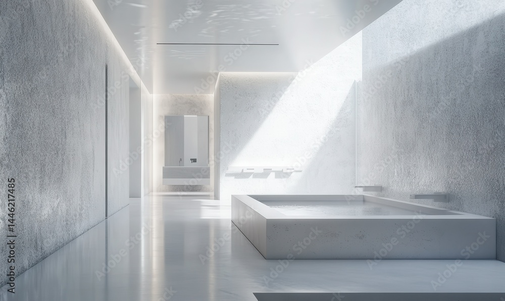 Minimalist bathroom design with sleek white fixtures, soft neutral tones, and bright natural light streaming in, clean modern interior, relaxing spa-like vibe,
