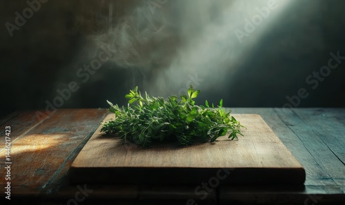 Obraz na płótnie Minimalist arrangement of fresh green herbs on a wooden cutting board, bright natural light enhancing the vibrant tones, clean organic theme, w salonie