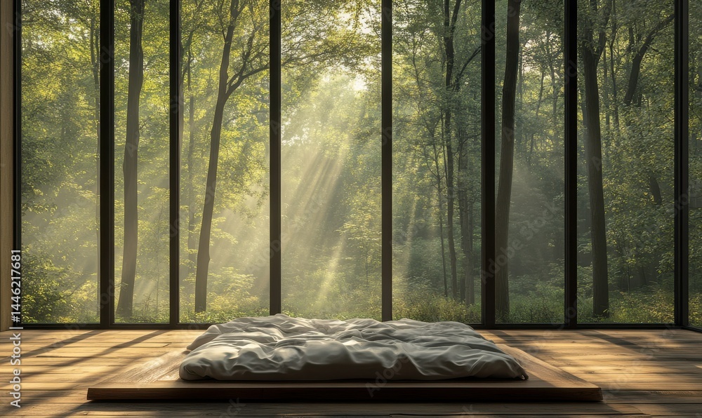 Minimalist bedroom featuring soft white bedding, wooden floors, and large windows offering a view of the forest.