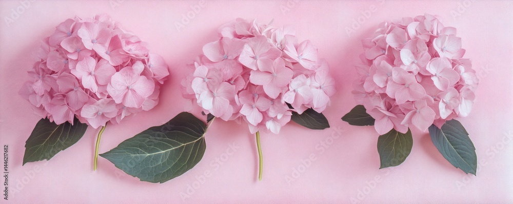 Fototapeta premium Three pink hydrangea flowers with green leaves on pink backdrop