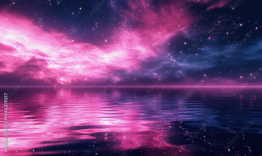 Mystical pink aurora sweeping across the night sky, casting radiant reflections on still water below, soft glowing stars sprinkled above, surreal tranquility,