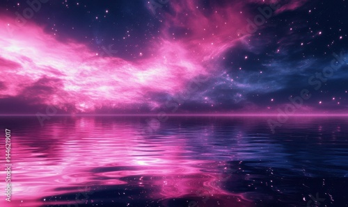 Obraz na płótnie Mystical pink aurora sweeping across the night sky, casting radiant reflections on still water below, soft glowing stars sprinkled above, surreal tranquility, w salonie