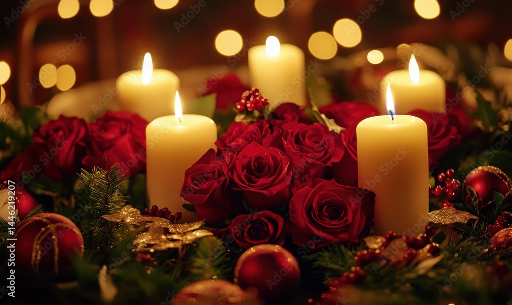 Romantic centerpiece with glowing candles surrounded by red roses and festive greenery, creating a warm and elegant holiday table setting