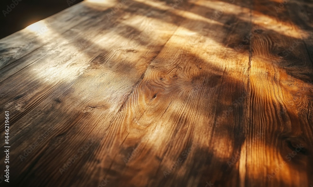 Rustic wooden table with visible natural grain illuminated by warm sunlight emphasizing the raw and organic texture
