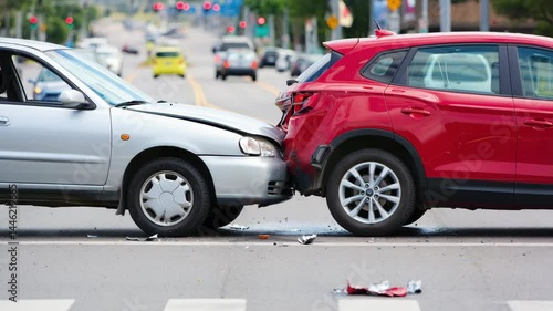 Two cars involved in rear end collision on urban road, used for insurance claims, traffic safety campaigns, legal documentation and accident awareness materials in transportation context