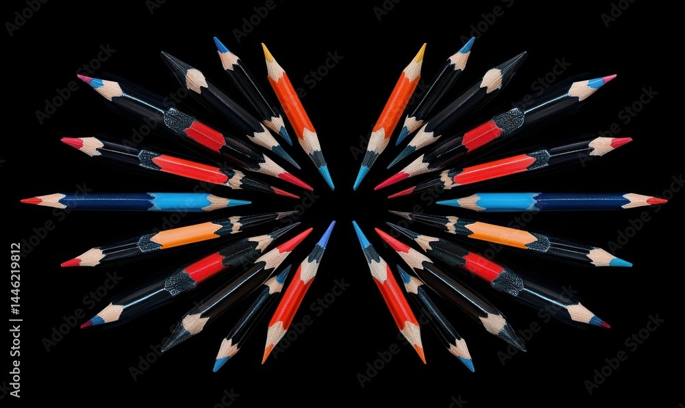 Set of colored pencils neatly arranged on a black background, their sharp tips pointing inwards to create symmetry.