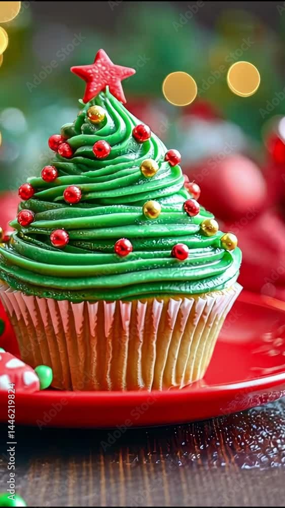 cupcake in the shape of a Christmas tree, on a red plate, next to the cupcake are small candies in the shape of gifts cupcake in the shape of a Christmas tree, on a red plate, next to the cupcake are small candies in the shape of gifts