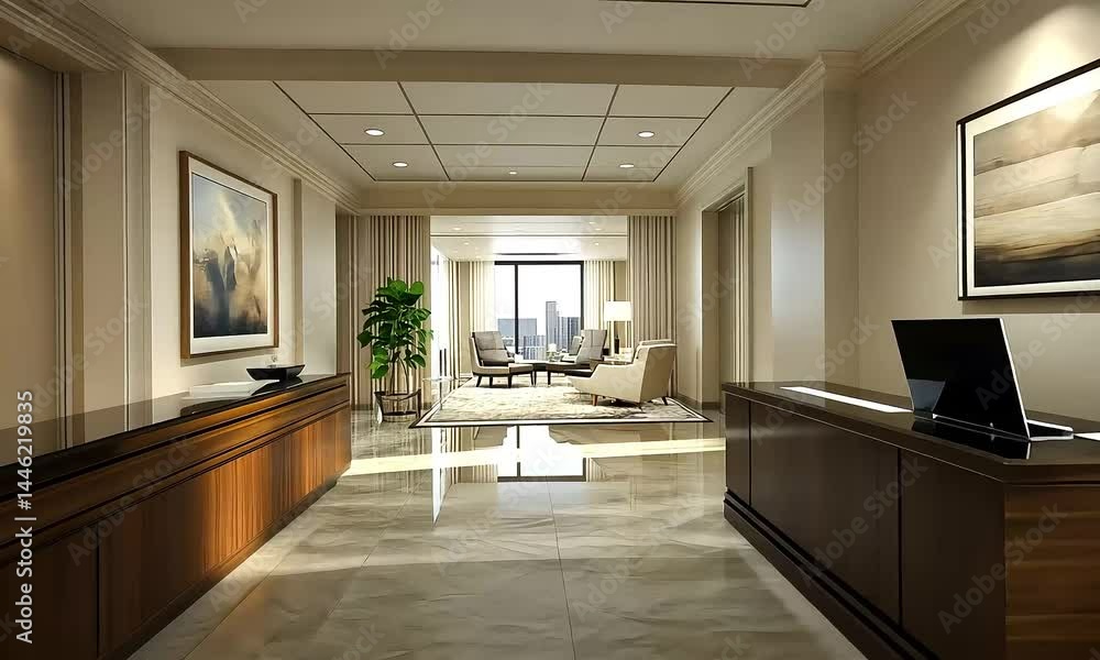 Luxury Apartment Interior with Reception Area and Panoramic City View Design Luxury Apartment Interior with Reception Area and Panoramic City View Design
