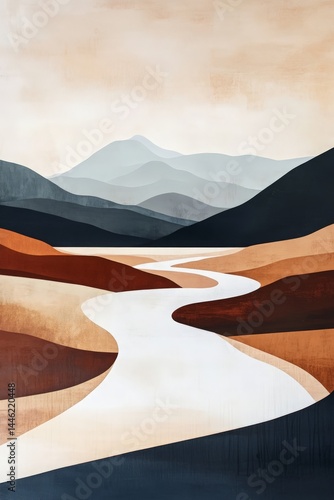 Abstract landscape featuring a winding river flowing through stylized hills and mountains, with warm earthy tones and a serene atmosphere, suitable for modern decor or artistic projects