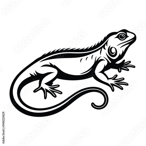 Stylized Black & White Iguana Illustration, Side View, Curled Tail, Detailed Reptile Design