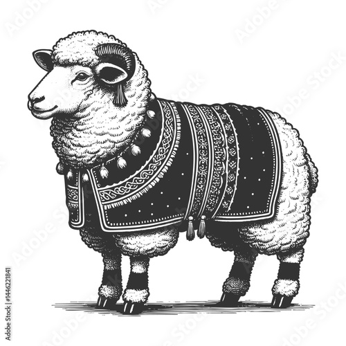 sheep dressed in a luxurious robe, representing vanity, pride, or misplaced importance sketch engraving generative ai vector illustration. Scratch board imitation. Black and white image.