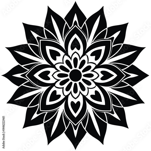 a highly detailed, intricate black and white mandala with a complex, symmetrical floral pattern, sharp contrast, elegant design, architectural, geometric, precise, visually striking, high resolution
