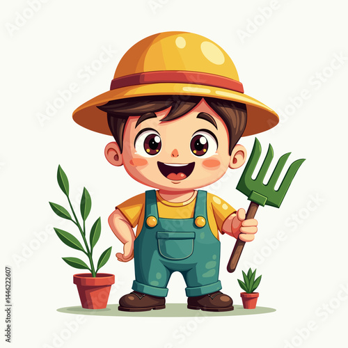 cartoon boy farmer character for kids education materials, gardening blogs, children book graphics, cute spring website elements