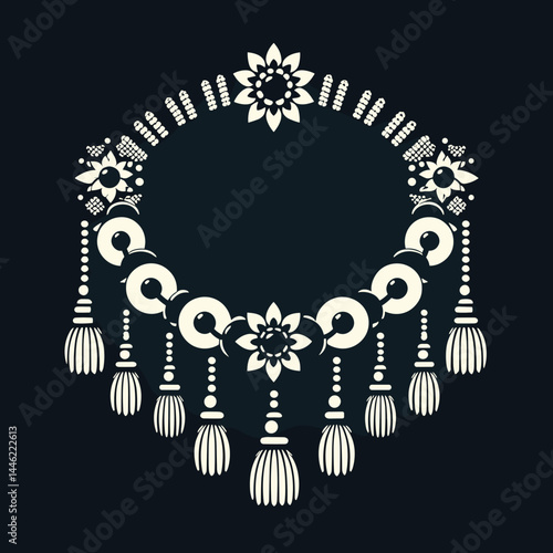 ornate garland necklace silhouette with tassels for festival invitations, cultural event decor, jewelry design blogs, ethnic graphic borders