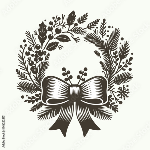 christmas wreath with bow graphic for holiday cards, festive website headers, winter decor prints, seasonal marketing materials, craft templates, elegant invitations
