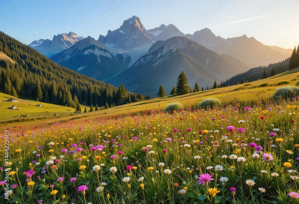 Vibrant wildflowers bloom in a serene mountain valley during sunset in spring Vibrant wildflowers bloom in a serene mountain valley during sunset in spring