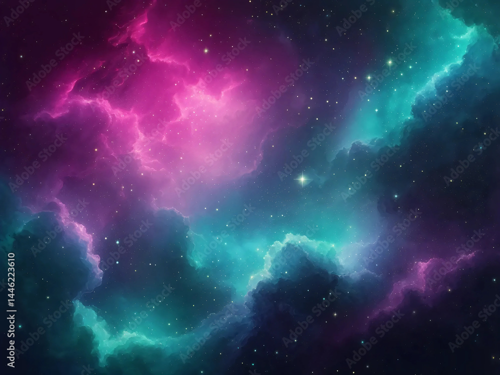 Fototapeta premium Vibrant cosmic nebula background with teal magenta clouds and glowing stars for sci-fi or fantasy design