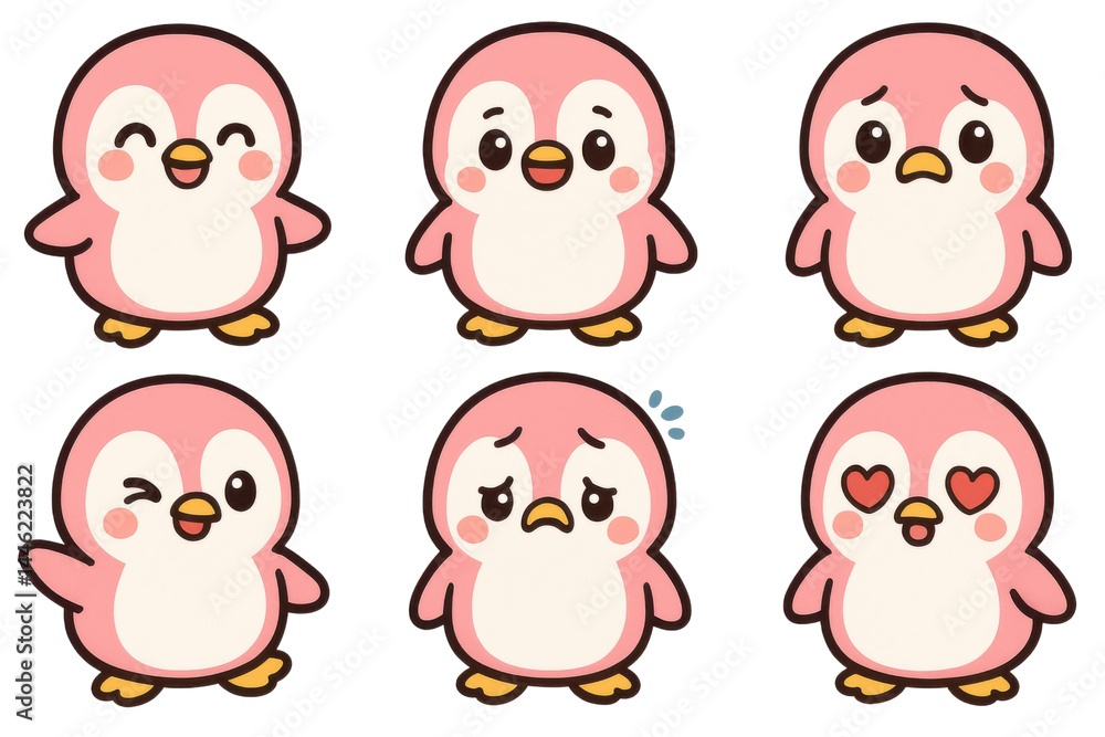 Obraz premium Adorable Pink Penguin Emoticon Collection: A delightful assortment of cute pink penguin emoticons, each expressing a unique emotion in a heartwarming style.