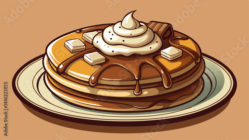 Thick, soft pancakes infused with cocoa and melted chunks.
A generous dollop of whipped cream adds airy contrast.
Drizzled with chocolate sauce for a full decadent look.
Ideal for breakfast-themed vec
