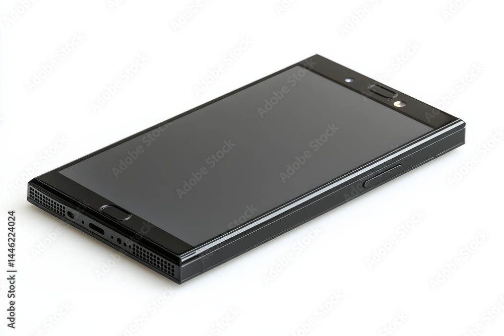Sleek black smartphone displayed on white background showcasing its elegant design and modern Sleek black smartphone displayed on white background showcasing its elegant design and modern