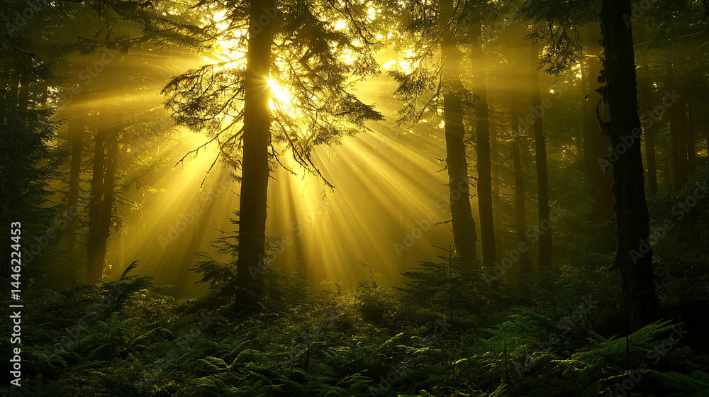 Naklejka premium Golden sunlight beams through misty forest, illuminating tall trees and ferns, creating a serene and magical atmosphere, representative of nature's peace and tranquility