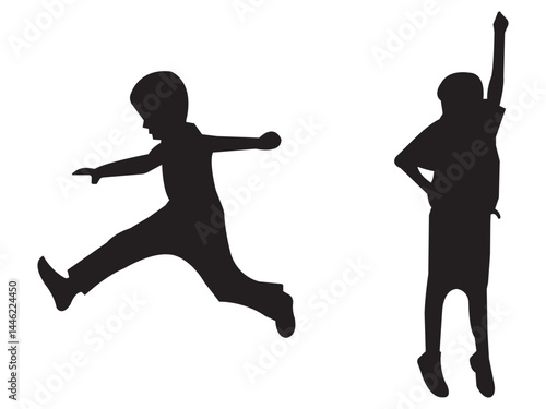 Black silhouette of children jumping for joy. Active kids jumping or trampolining, outline elements collection, flat vector isolated on white background. Summer entertainments and attraction.
