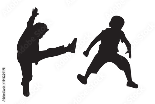 Black silhouette of children jumping for joy. Active kids jumping or trampolining, outline elements collection, flat vector isolated on white background. Summer entertainments and attraction.
