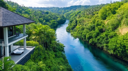 Lush Hillside Villa Overlooking Serene River - Tranquil villa nestled on a lush hillside, overlooking a pristine river. Symbolizes serenity, luxury, nature, escape, and tranquility