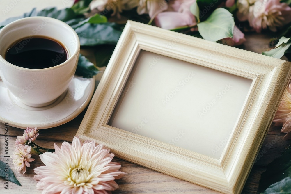 Obraz premium Empty picture frame on table alongside cup of coffee and flowers invites creative inspiration in a cozy setting, empty picture frame on table with cup of coffee and flowers