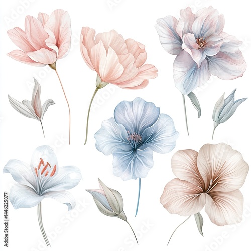 Wallpaper Mural Delicate floral illustrations in pastel colors.  A collection of various flowers, including peonies, lilies, and others, in soft pinks, blues, and beige tones, depicted with detailed petals and stems Torontodigital.ca