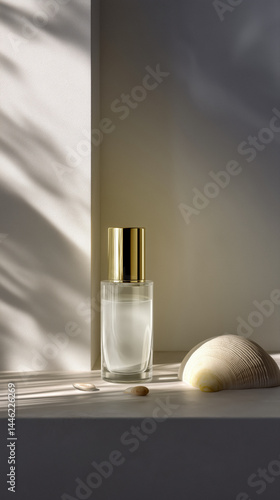 Obraz na płótnie Clear perfume bottle with golden cap and seashells on a white surface with shadows w salonie