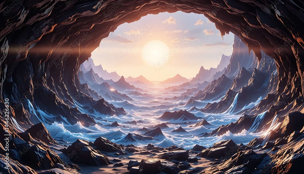 Sunrise Illuminating Landscape Through Cave Opening with Mountain Range