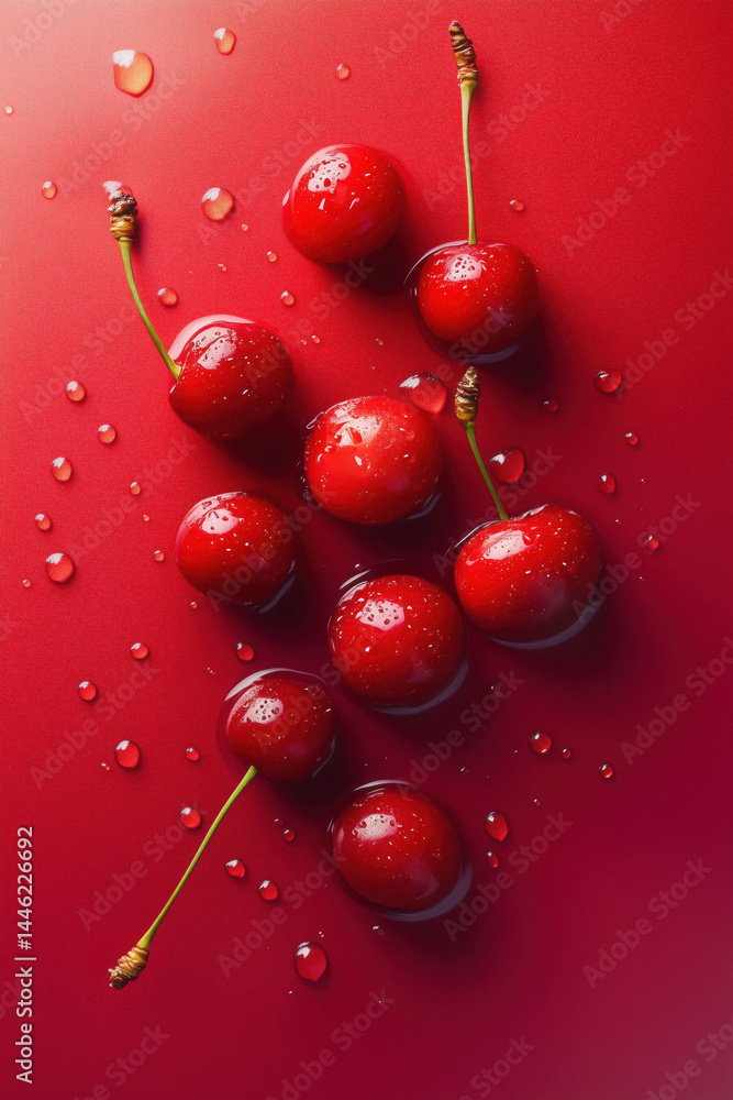 Wet cherries scattered on a vibrant red background