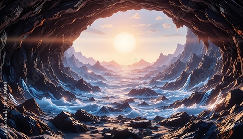 Obraz na płótnie Sunrise Illuminating Landscape Through Cave Opening with Mountain Range w salonie