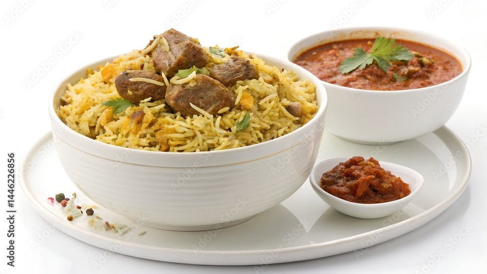 Fragrant Biryani with Tender Meat, Spicy Curry, and Tangy Chutney on White Plate
Fragrant Biryani with Tender Meat, Spicy Curry, and Tangy Chutney on White Plate