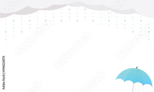 青い傘に上に広がる雲から点線の雨が落ちる背景