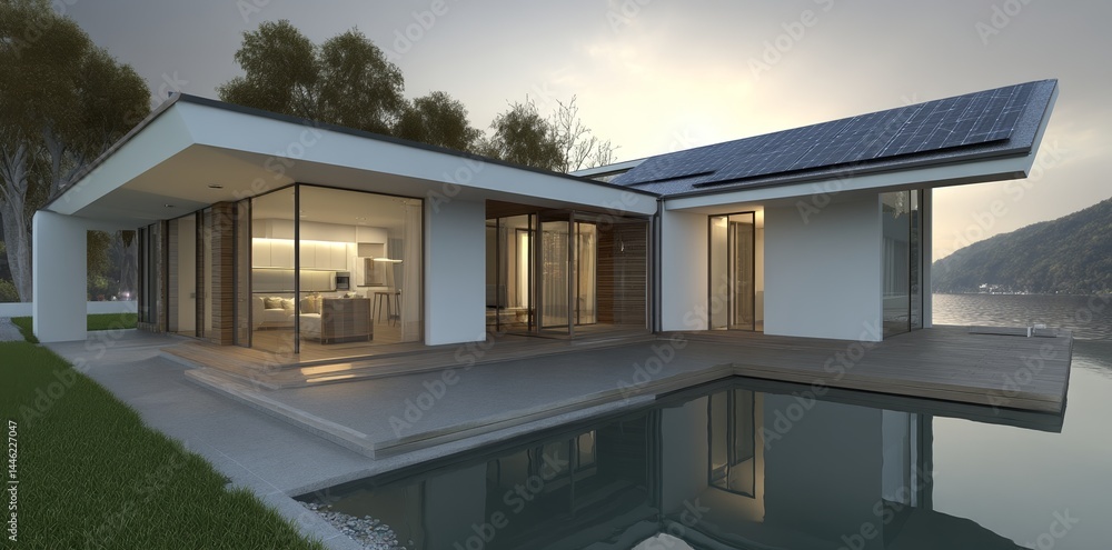 Fototapeta premium Solar panels are installed on the roof of a beautiful modern home
