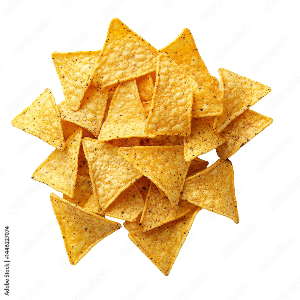 A top view of crispy nacho chips on a transparent background perfect for snack time or party platters, Nacho chip viewed from the top, isolated on a transparent background or transparent background A top view of crispy nacho chips on a transparent background perfect for snack time or party platters, Nacho chip viewed from the top, isolated on a transparent background or transparent background