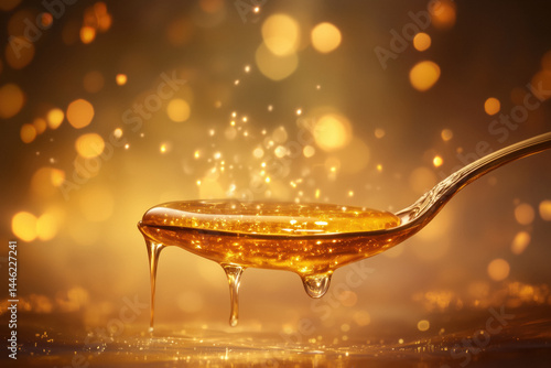 Obraz na płótnie Golden honey dripping from a spoon with sparkling bokeh background w salonie