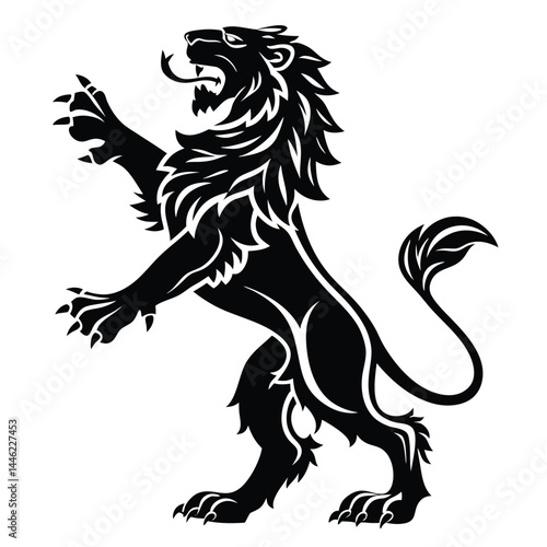 Heraldic Lion Rampant Silhouette Roaring Black, Crest, Animal, Feline, Mammal, Isolated