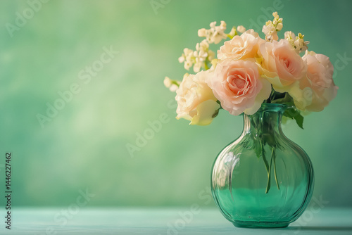 Pale pink roses and white blossoms in a green glass vase against a soft green background