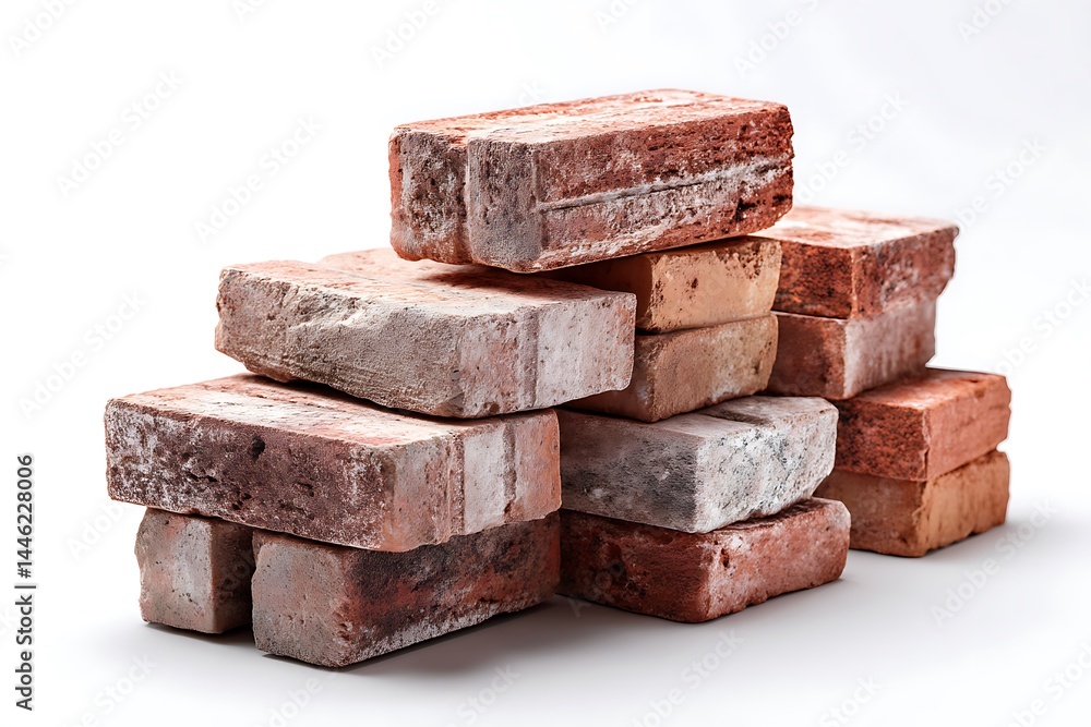 A stack of red bricks, isolated on a white background, representing construction material for building walls and structures. A stack of red bricks, isolated on a white background, representing construction material for building walls and structures.