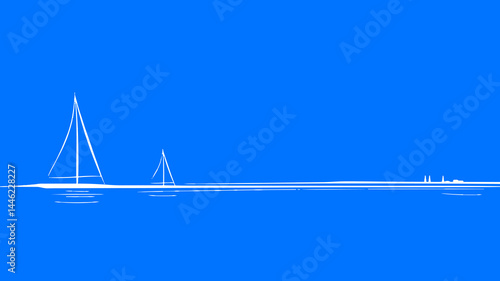 Minimalist sailboat outline on water. Two yachts sailing near coastline. Travel agency promotion nautical summer vacation. Simple line drawing, graphic design, bright blue background